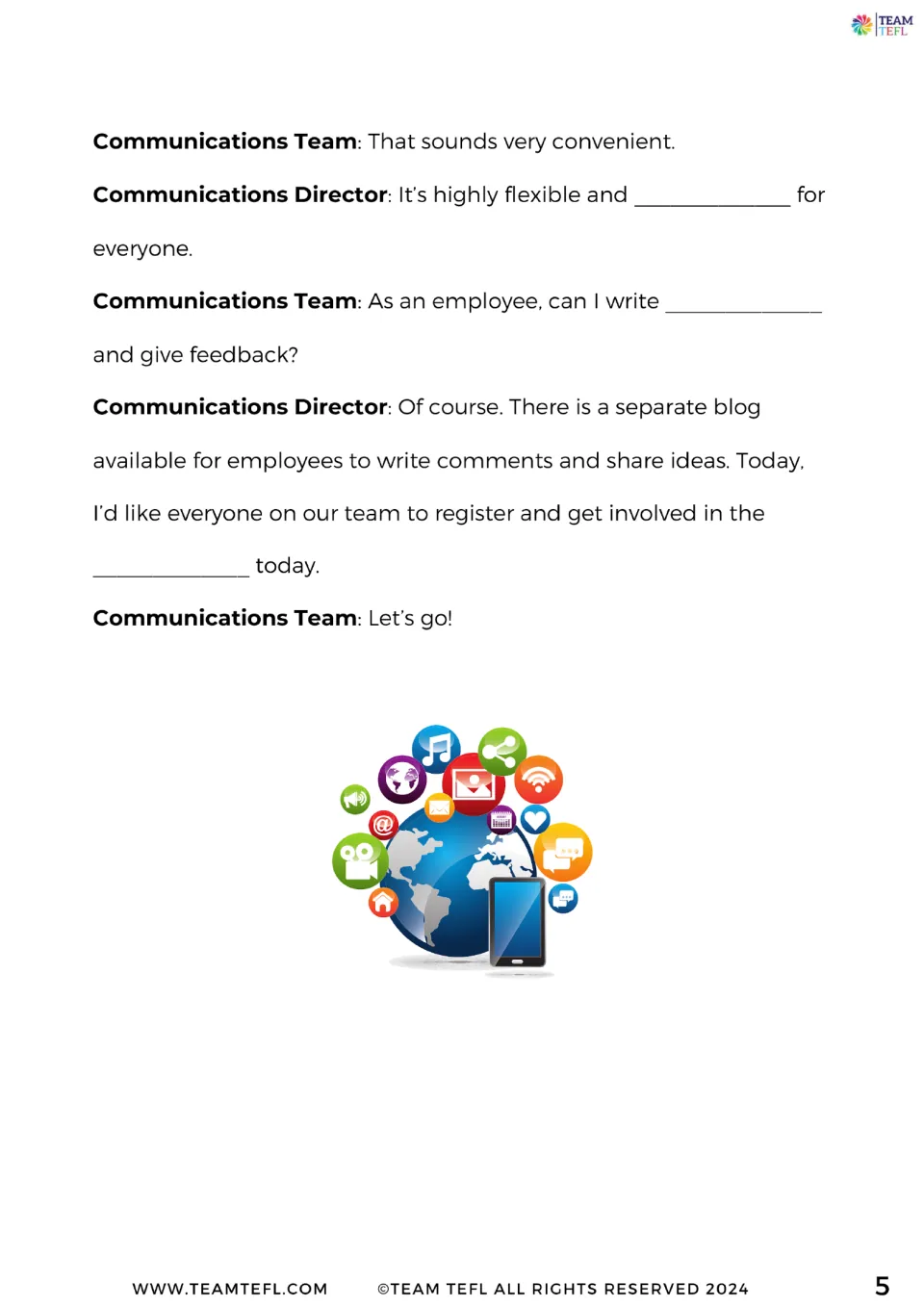 Dialogue continued: students fill gaps about a user-friendly site, writing comments and joining the employee blog