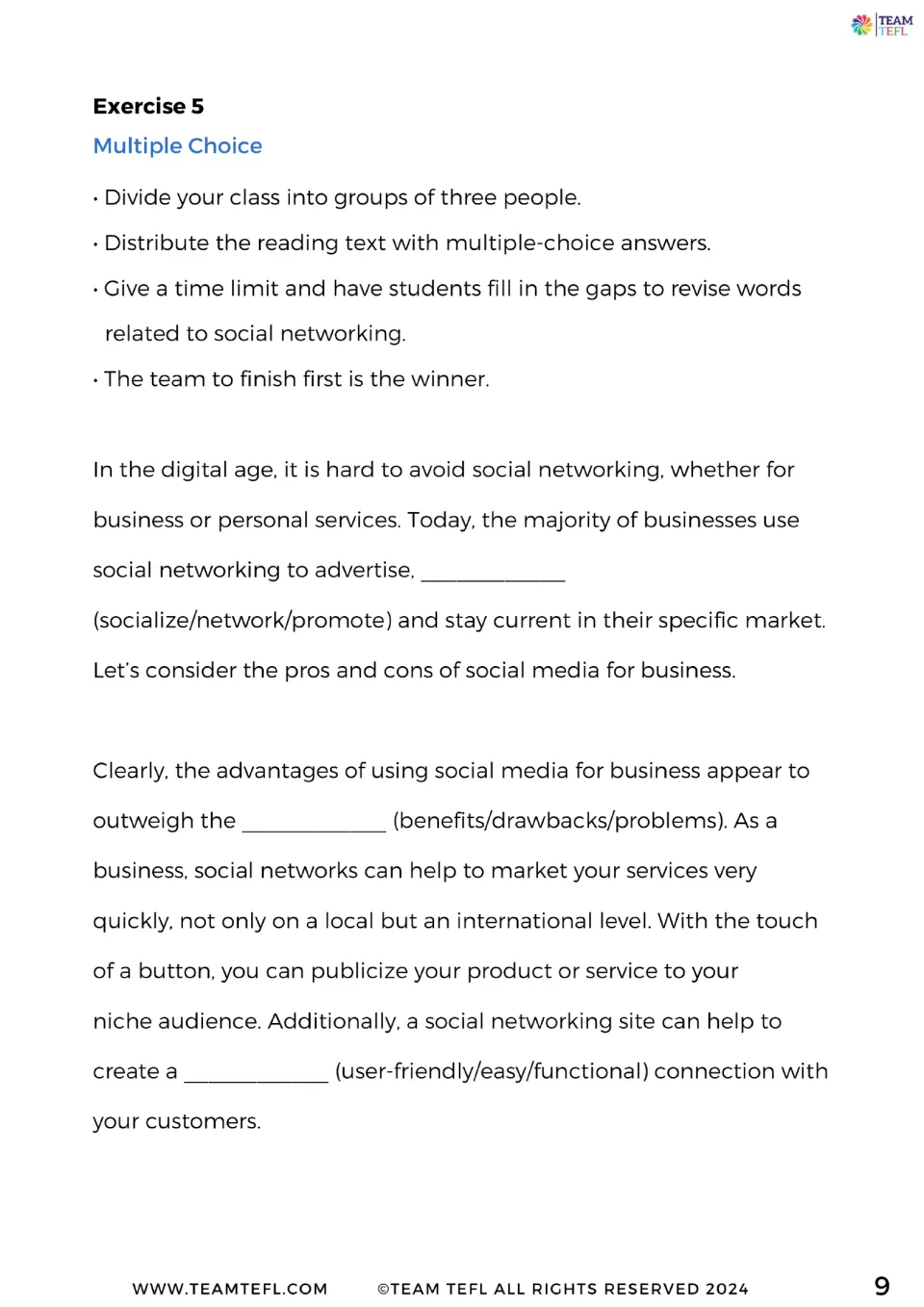 Exercise 5 multiple choice: groups of three pick words to fill gaps in a reading on the pros of social media for business