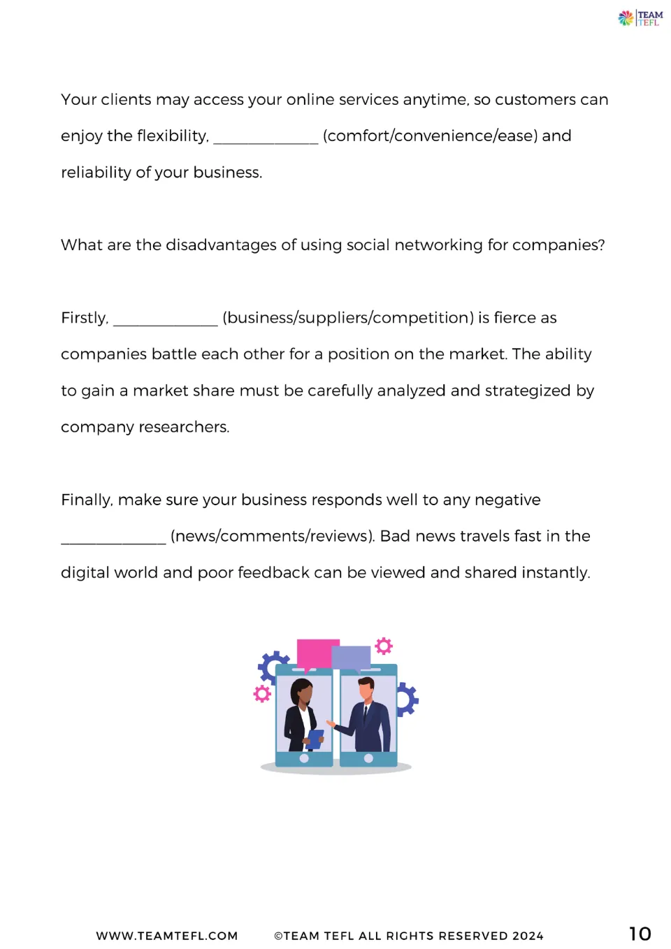 Reading on social networking disadvantages: students pick one of three bracketed words for each gap