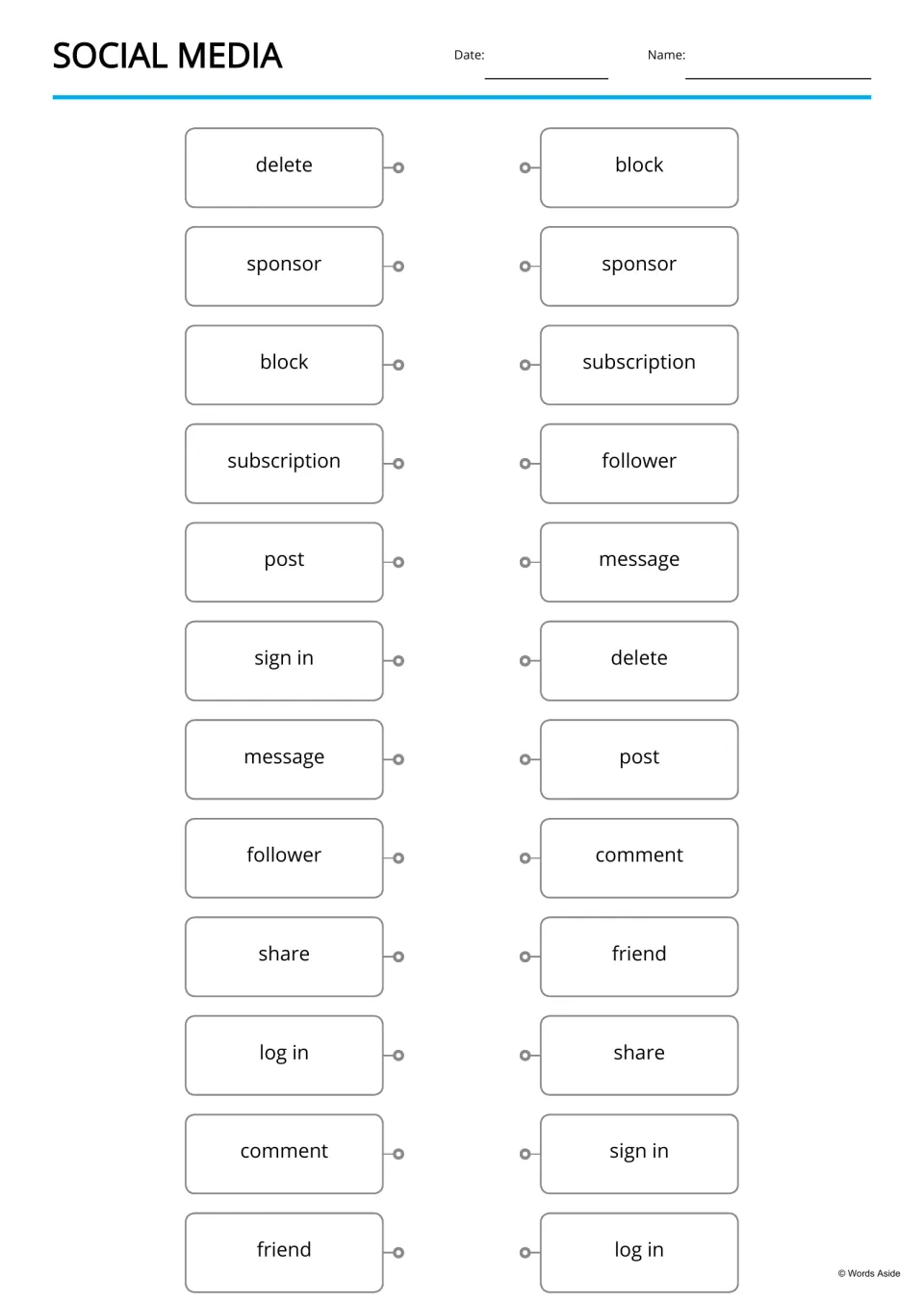 Social media word match: students connect each term on the left, such as delete and sponsor, to the same word on the right