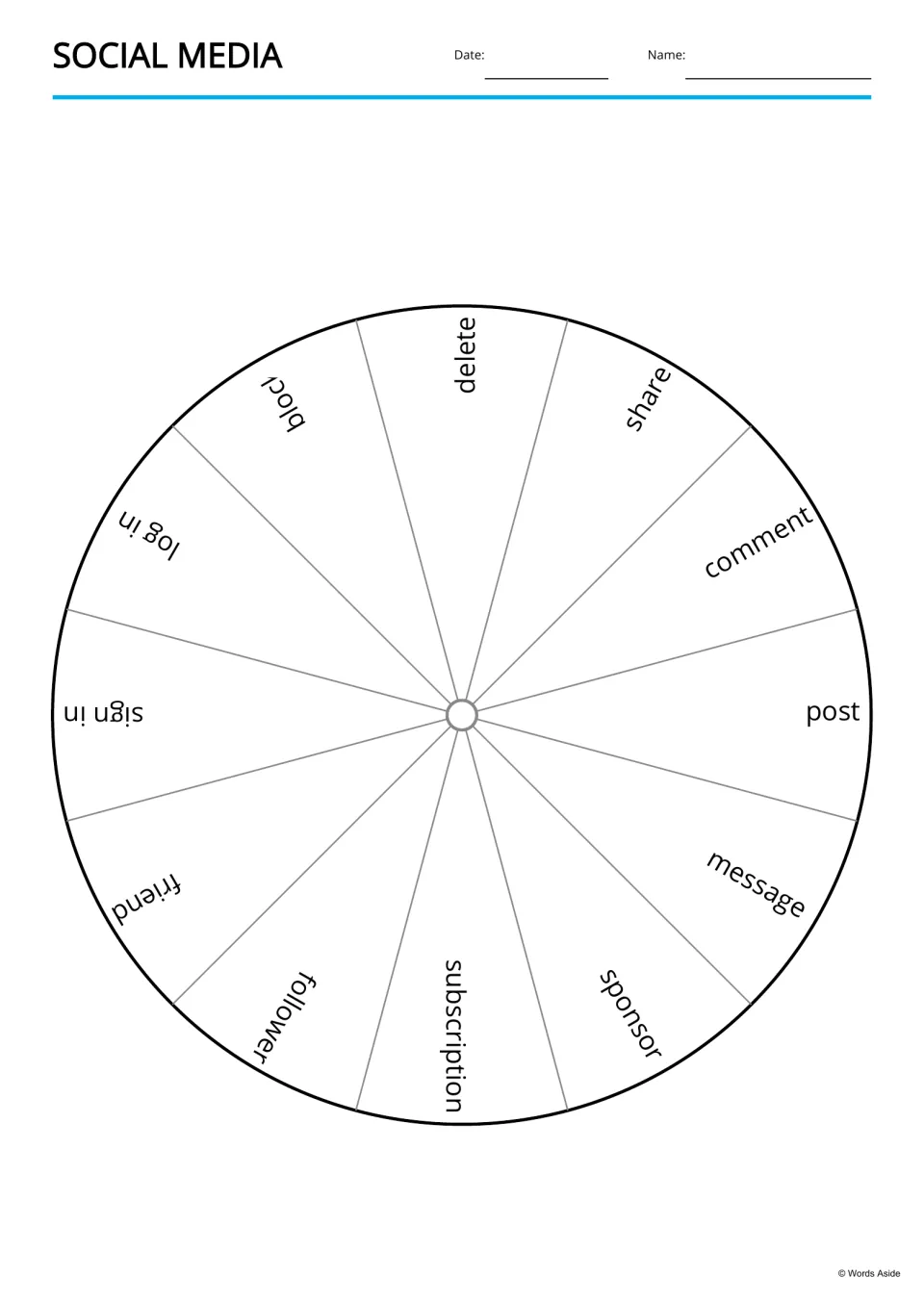 Social media spinner wheel divided into 12 sections, each labeled with a term such as post, message, friend or delete