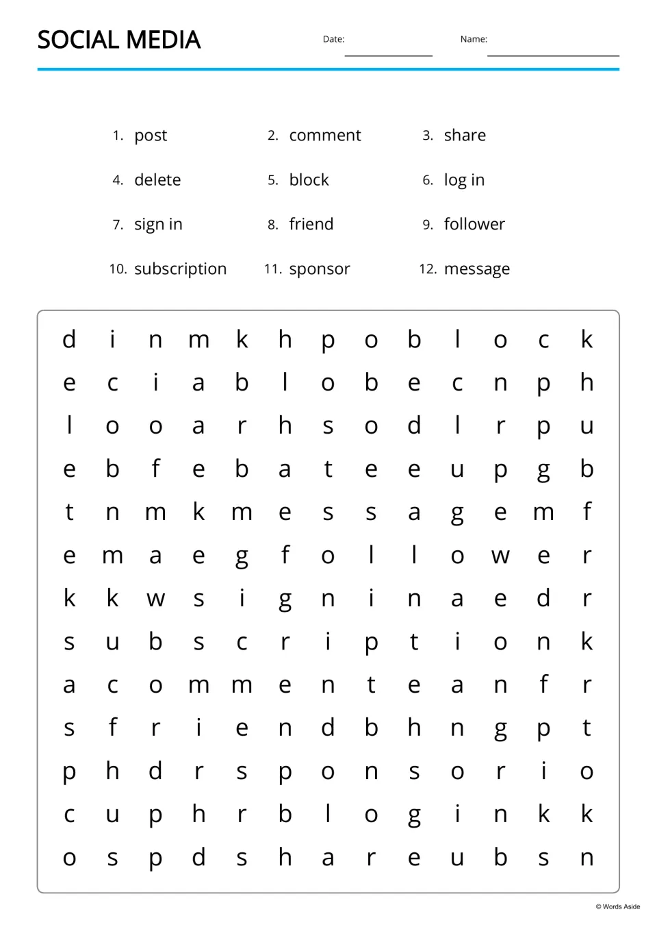 Social media word search: students find 12 listed terms, including follower, sponsor and log in, hidden in a letter puzzle