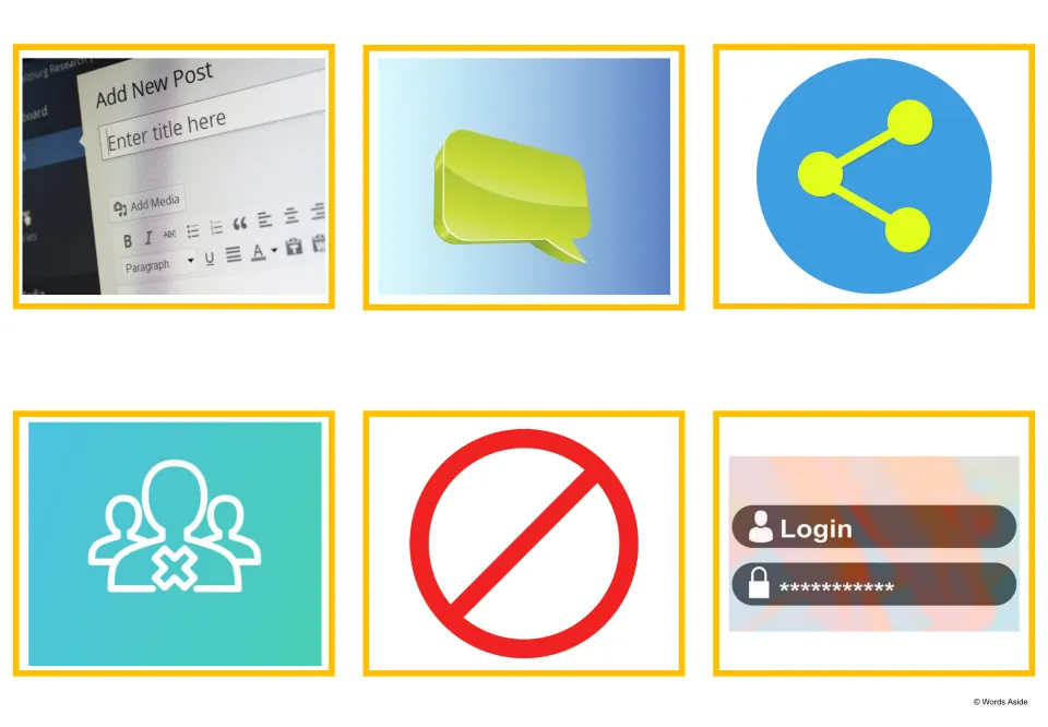 Social media picture cards: Add New Post screen, speech bubble, share icon, crossed-out group, no sign and Login field