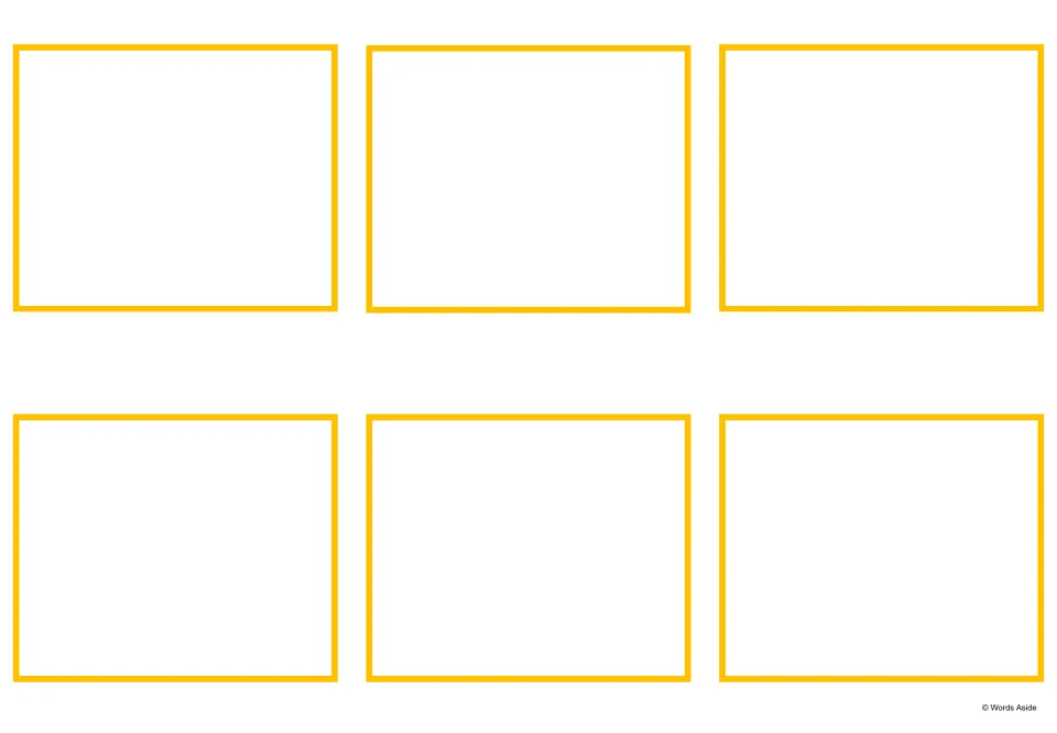 Blank social media picture cards: six empty yellow-framed cards for students to add their own images or words