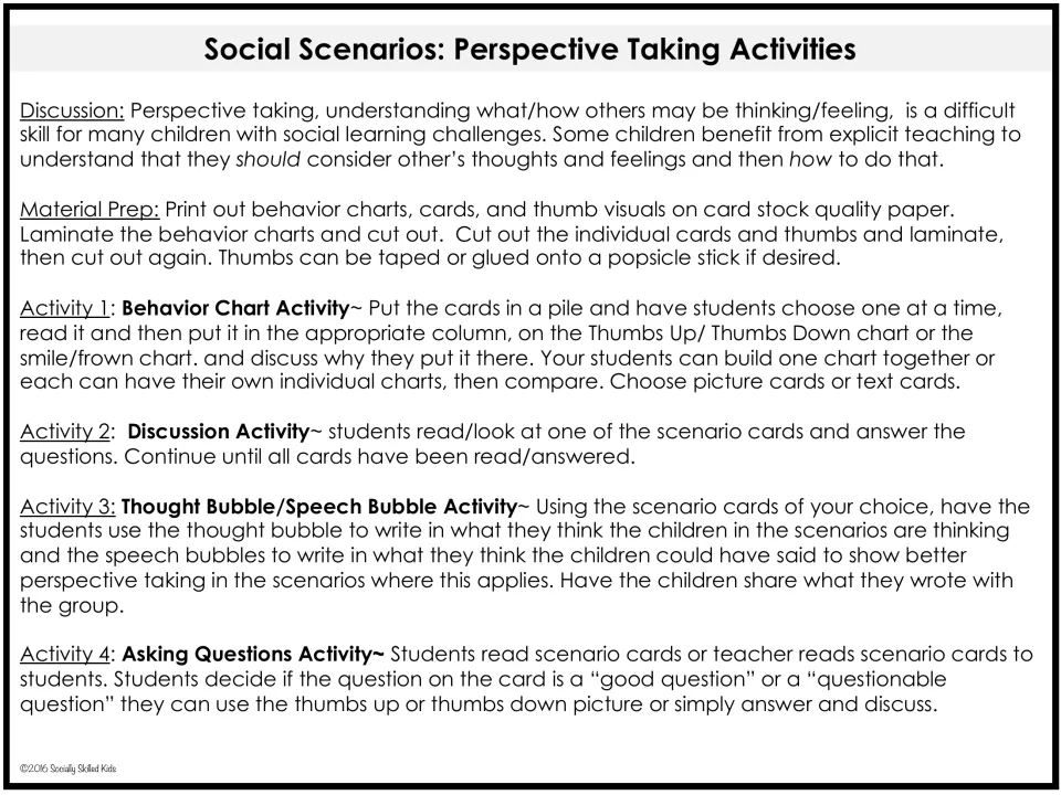 Teacher overview of four activities: behavior charts, discussion, thought and speech bubbles, and questions