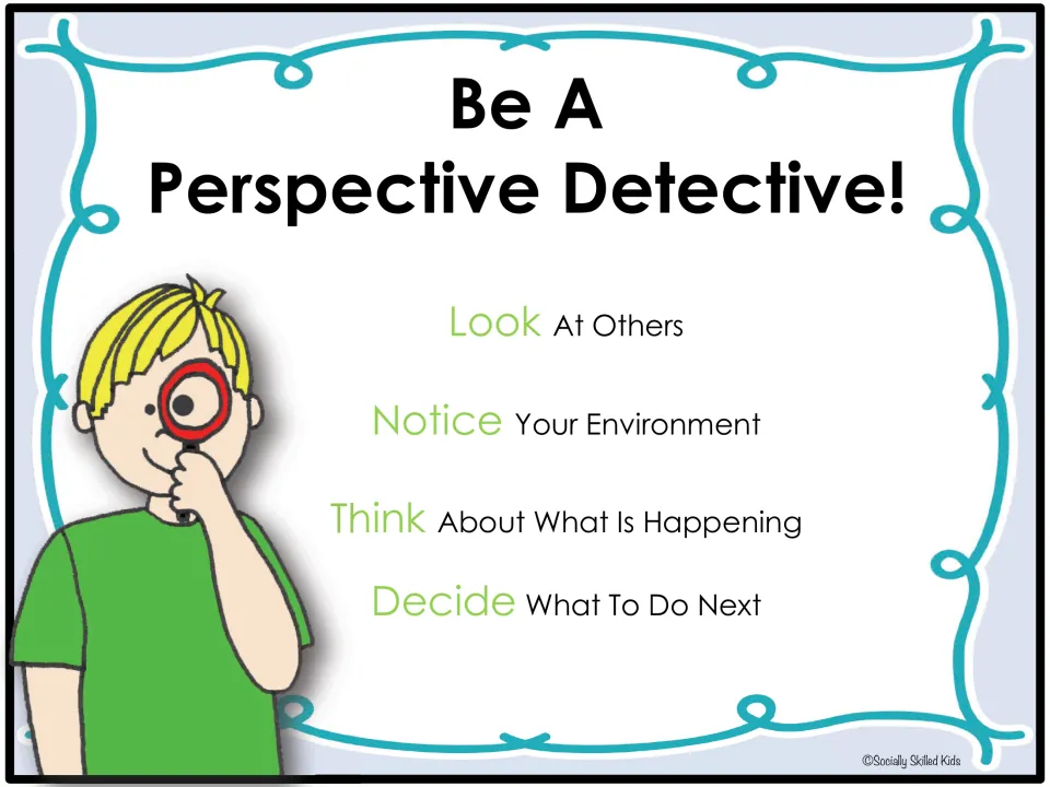 First perspective detective poster: look at others, notice your environment, think, and decide what to do next