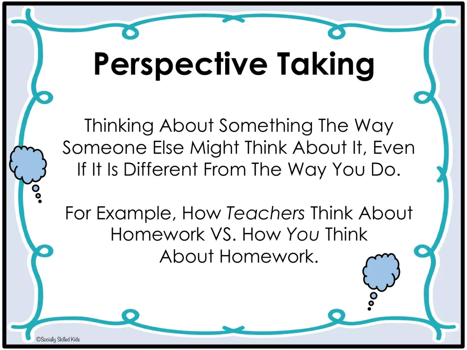 Perspective-taking definition poster compares how teachers and students might think differently about homework