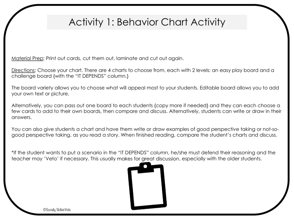 Behavior chart directions explain four chart choices, easy and challenge levels, and 'IT DEPENDS' reasoning
