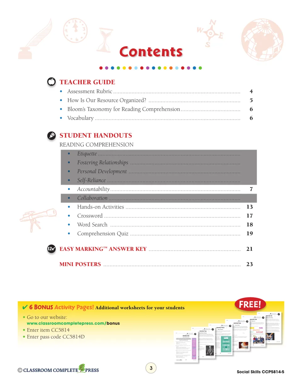 Contents lists the teacher guide, accountability reading, hands-on activities, puzzles, quiz, key, and mini posters