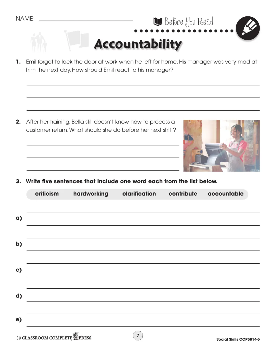 Before-reading accountability tasks ask about a workplace mistake, seeking help, and five vocabulary sentences