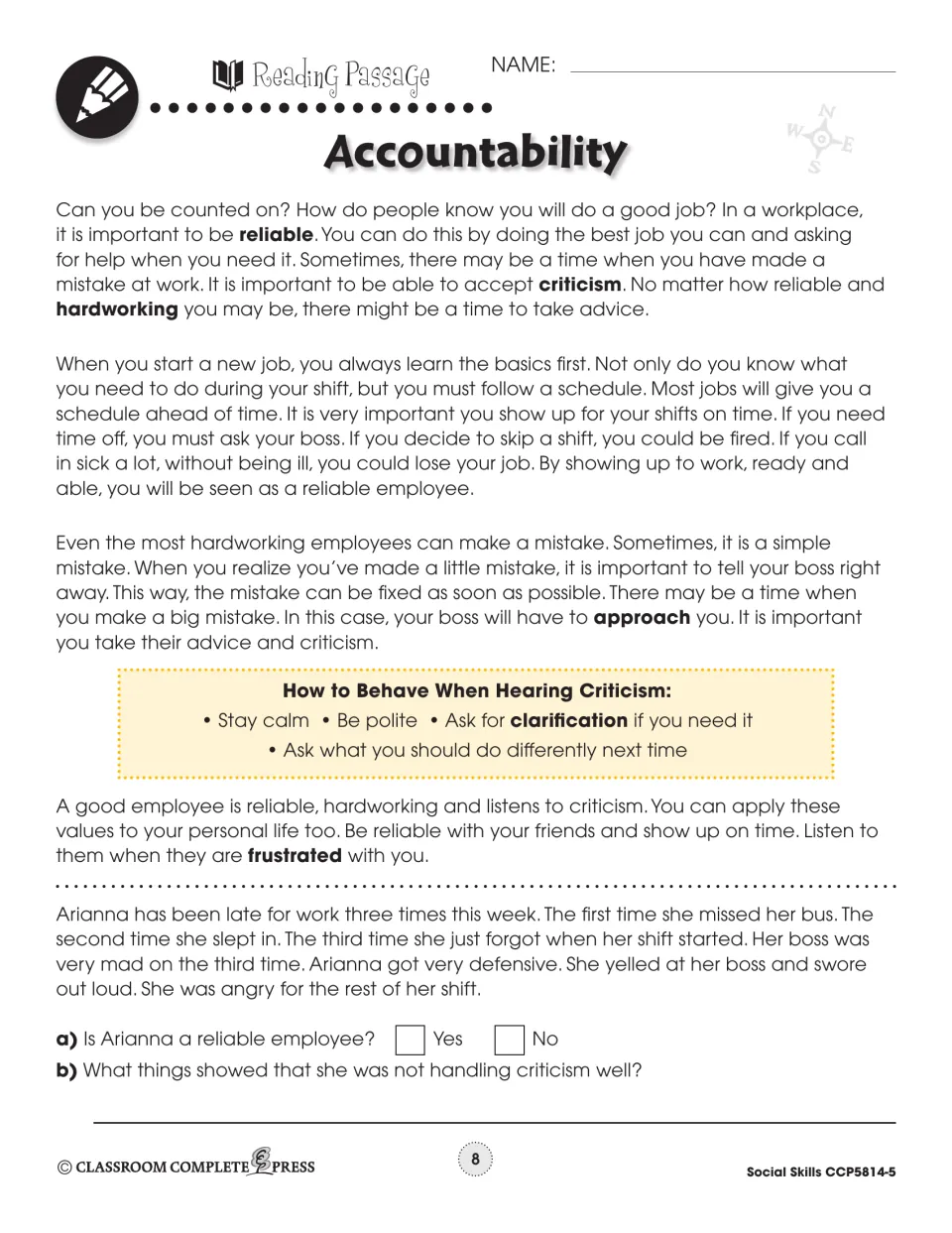 Accountability reading covers reliability, work schedules, accepting criticism, and questions about Arianna