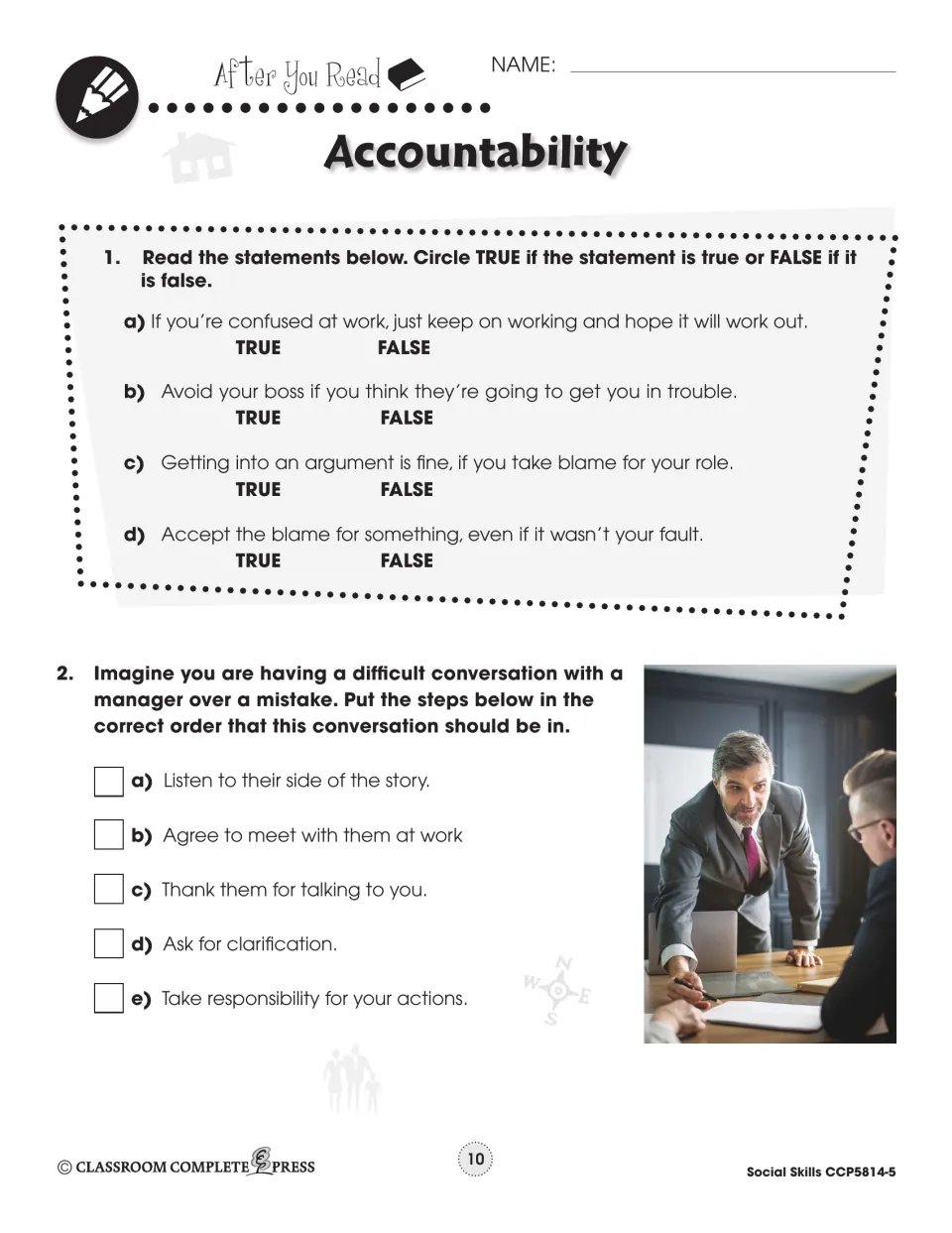 After-reading accountability tasks include four true-or-false statements and ordering a conversation with a manager