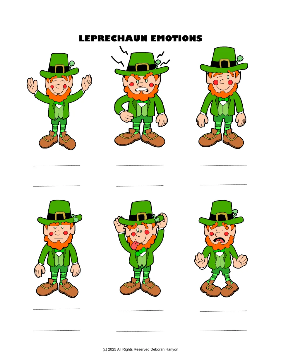 Leprechaun emotion practice: identify six expressions, including happy, angry, bored, silly, and scared