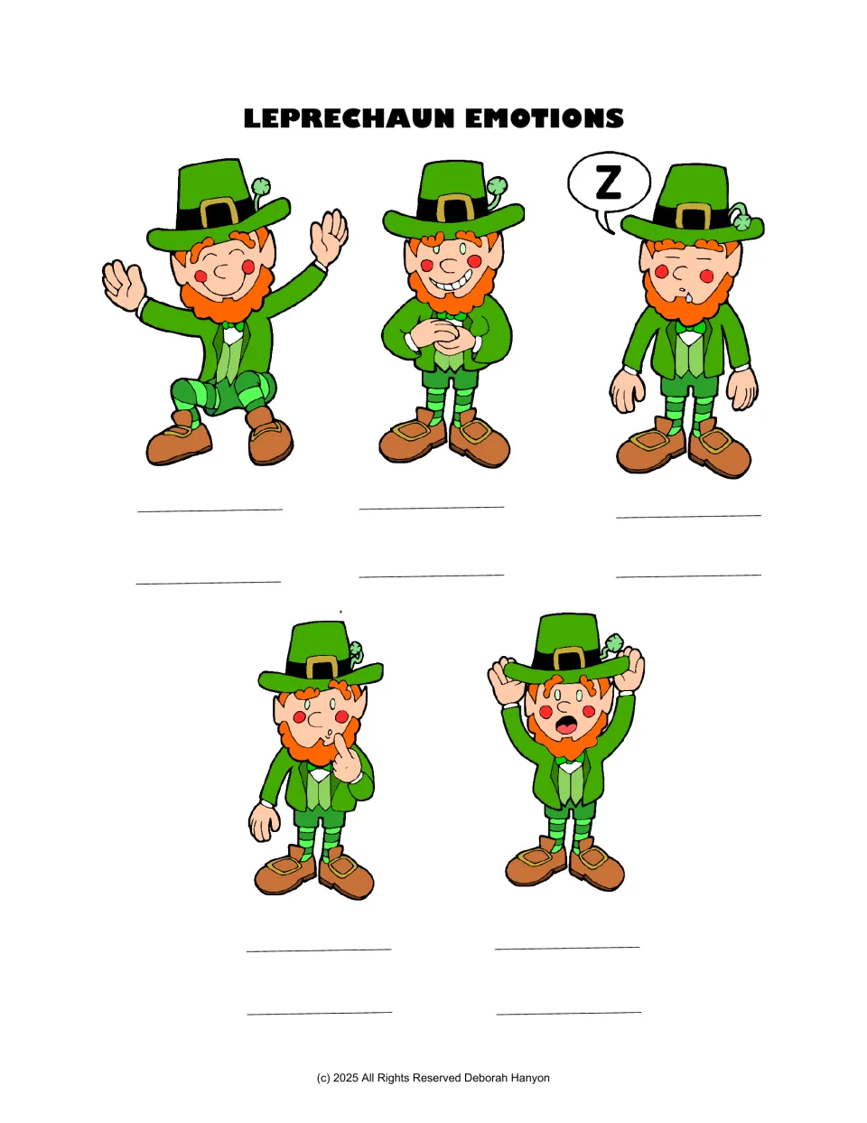 Leprechaun emotion practice: identify dancing, mischievous, sleepy, confused, and surprised figures