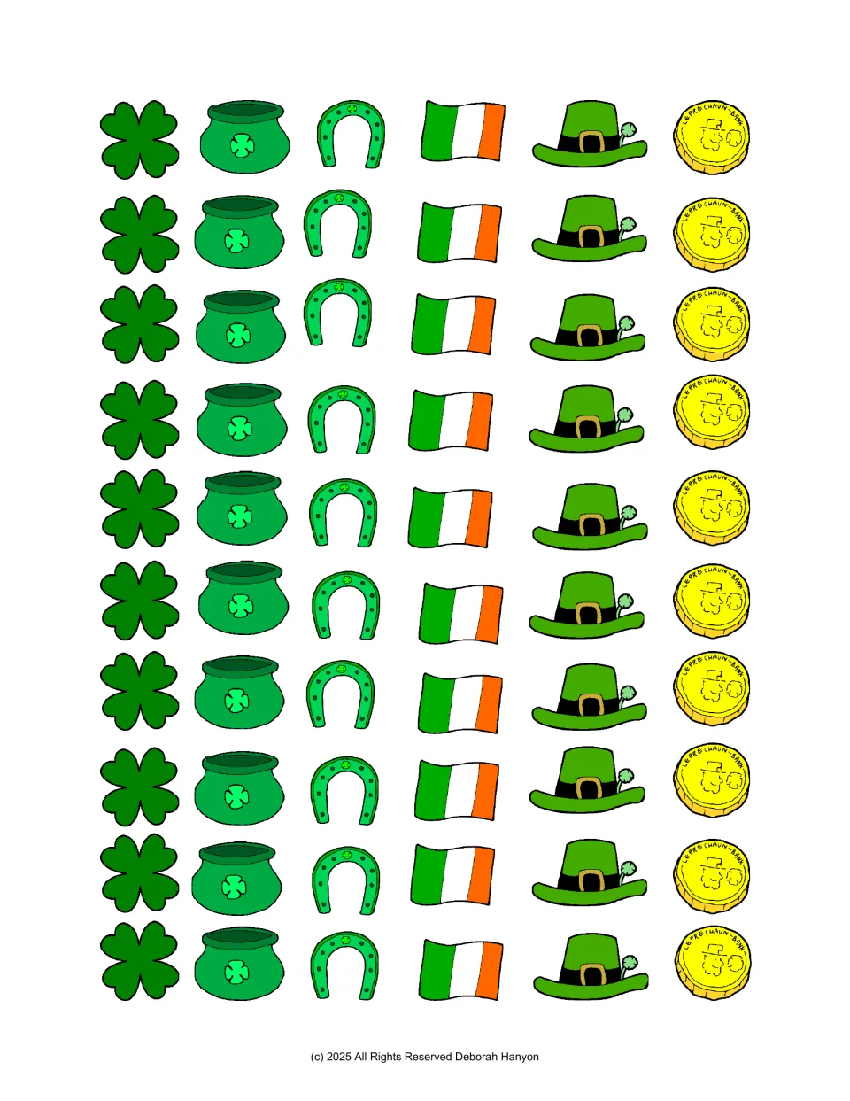 St. Patrick's Day sticker sheet: 10 each of shamrocks, pots, horseshoes, Irish flags, hats, and coins