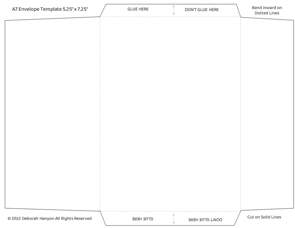 A7 envelope template for the greeting card, with directions to cut, fold inward, and glue marked areas