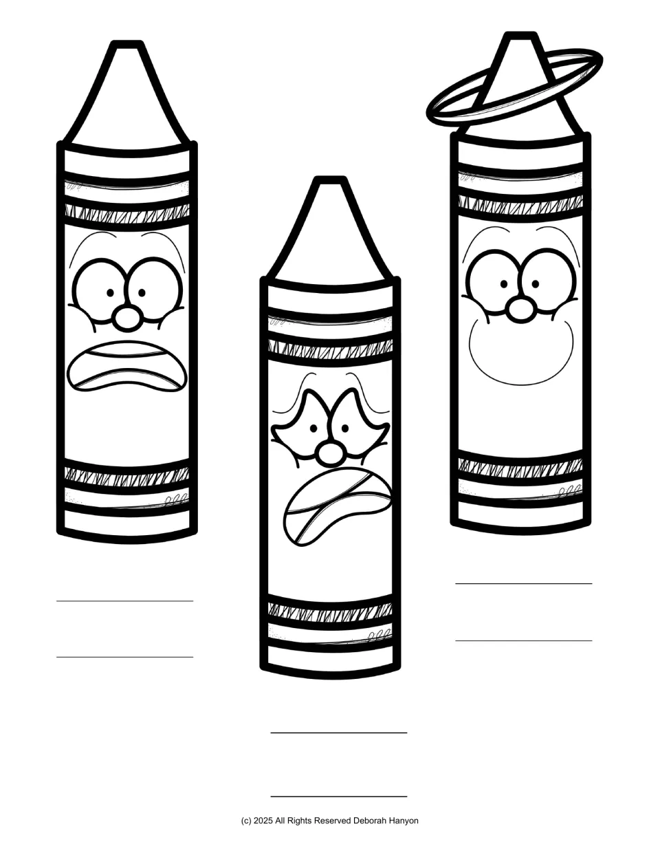 Bonus emotion recognition coloring activity: three crayon characters with different facial expressions