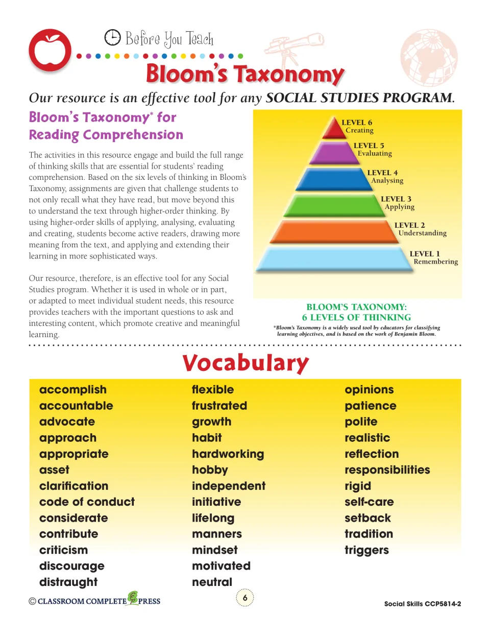 Bloom's Taxonomy pyramid and the 37-word vocabulary list: accomplish, accountable, advocate, patience and 33 more