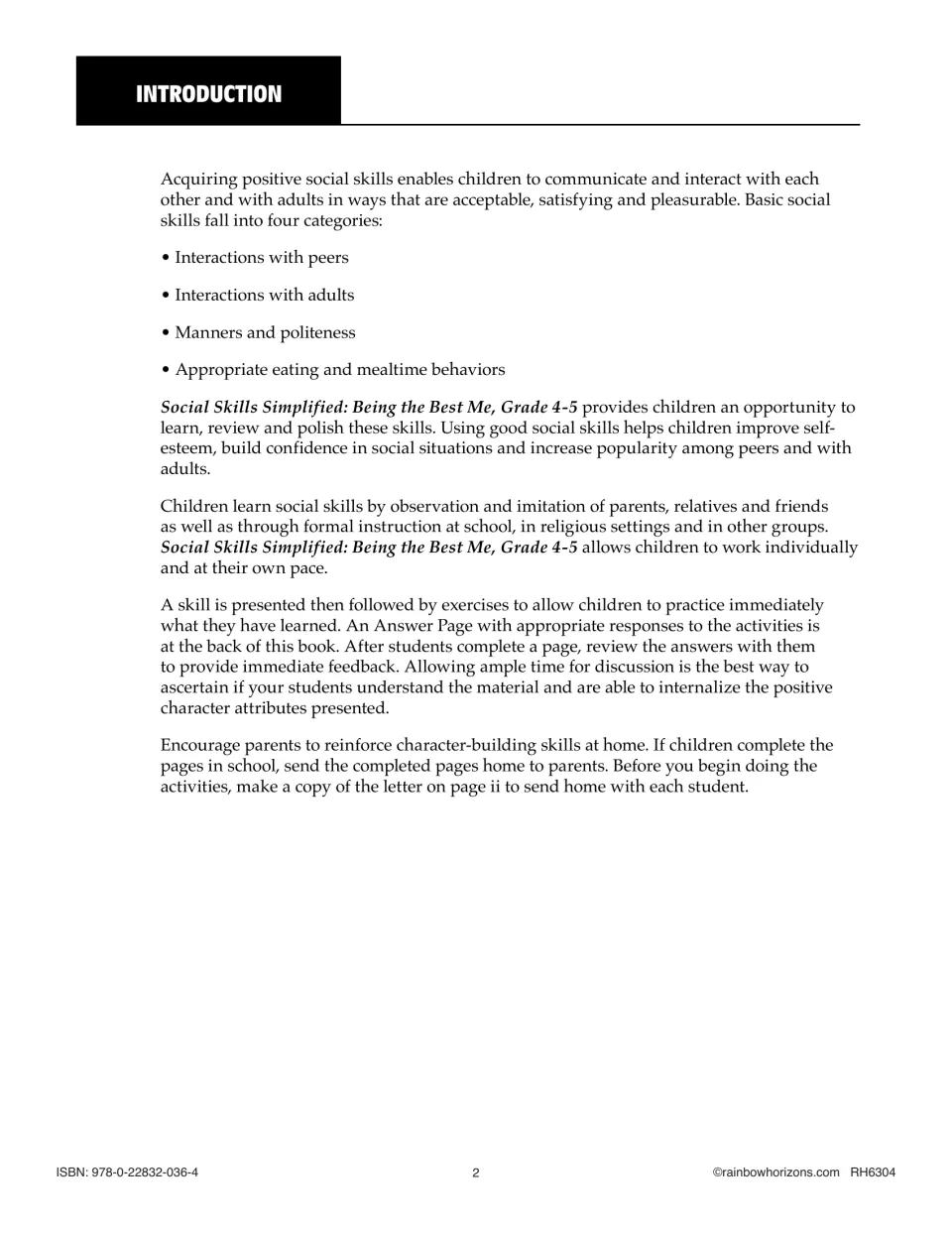 Teacher introduction explains four social skills categories, skill practice, answer review, and parent support