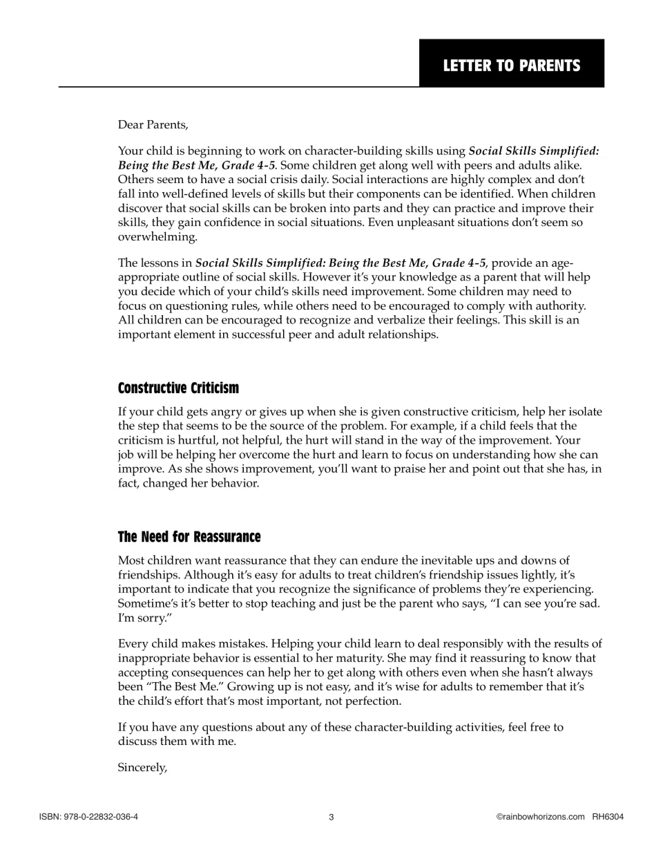 Parent letter introduces character-building lessons and guidance on constructive criticism and reassurance