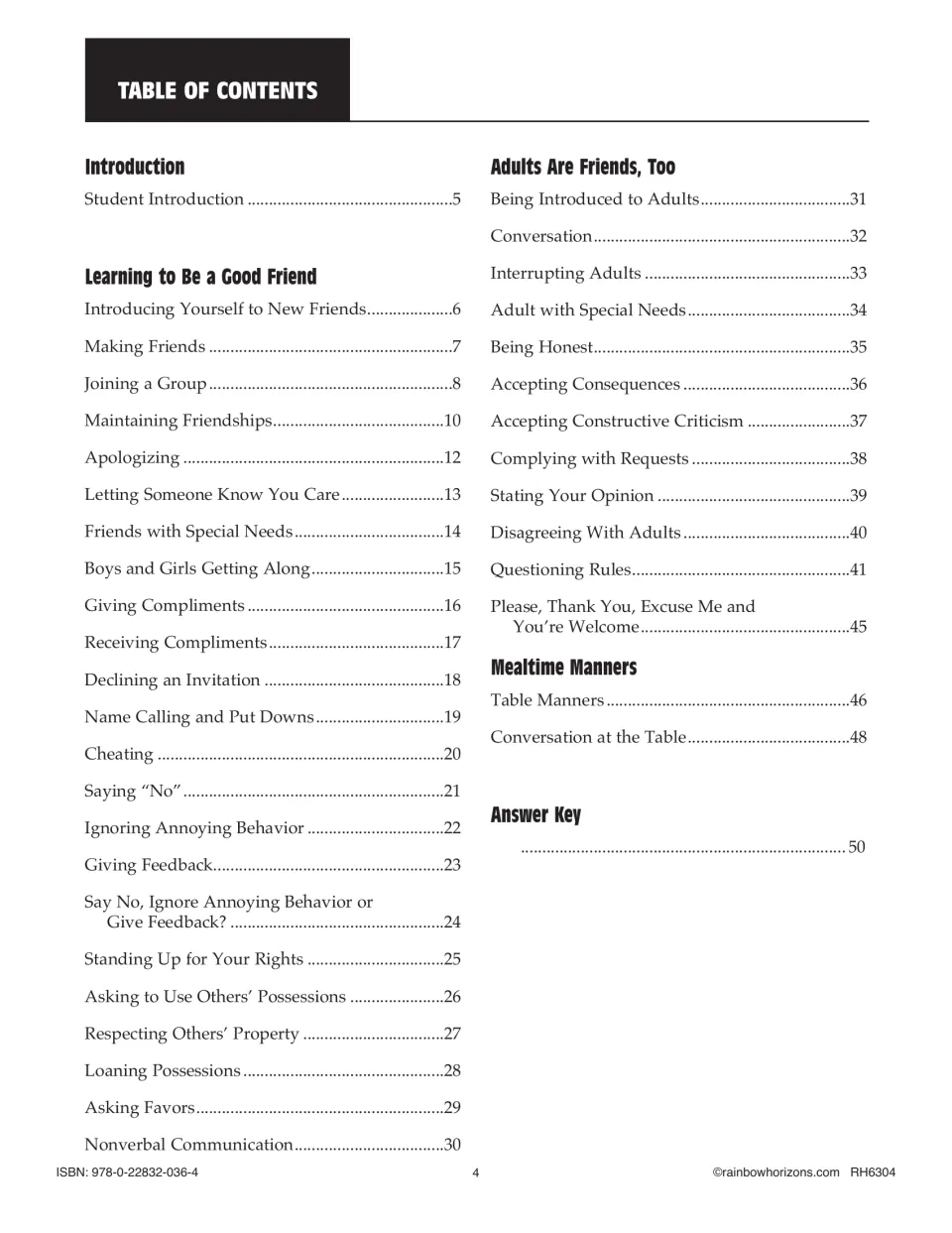 Workbook contents lists friendship lessons, adult interactions, mealtime manners, and the answer key