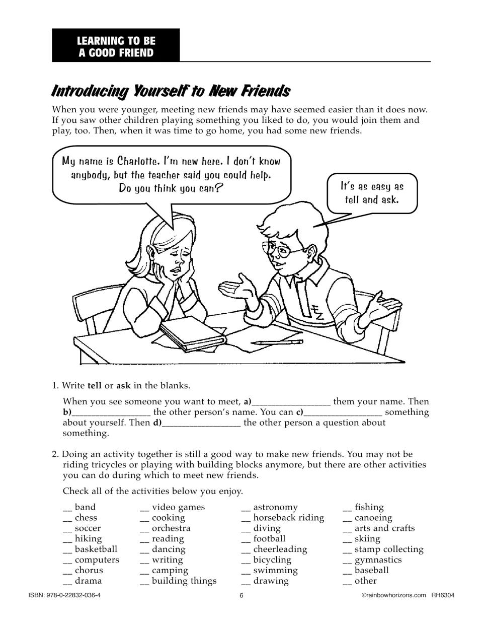 Introducing Yourself to New Friends lesson uses tell-or-ask blanks and a checklist of activities students enjoy