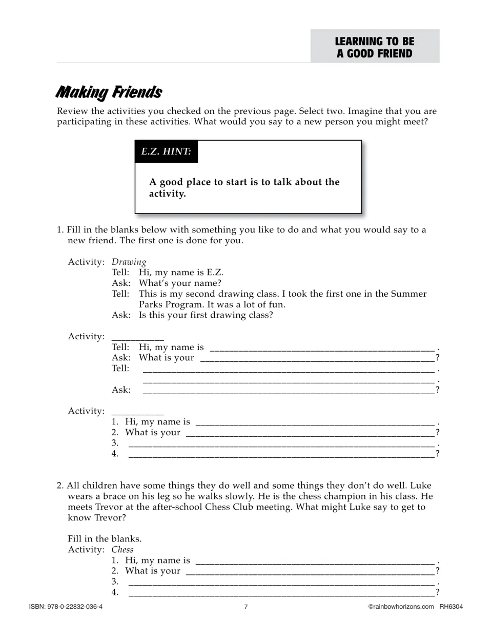 Making Friends practice asks students to complete introductions about shared activities and a chess club meeting