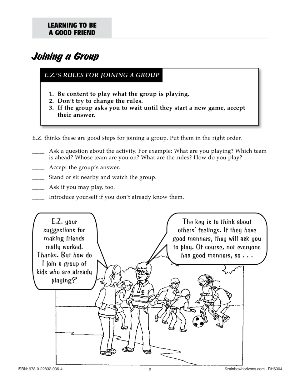 Joining a Group lesson gives three participation rules and asks students to put five joining steps in order
