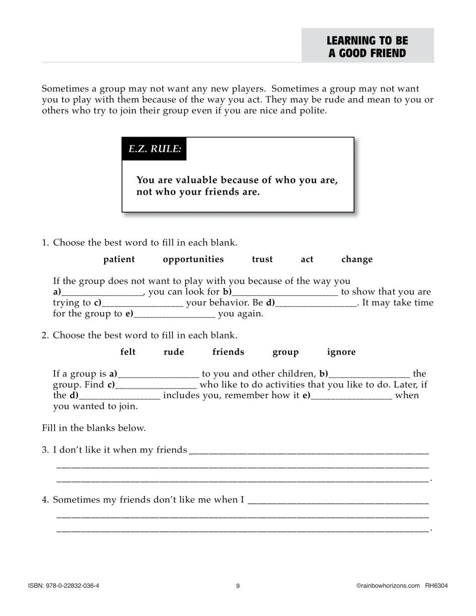 Joining a Group continuation uses word banks and reflection prompts about exclusion, behavior, and friendship