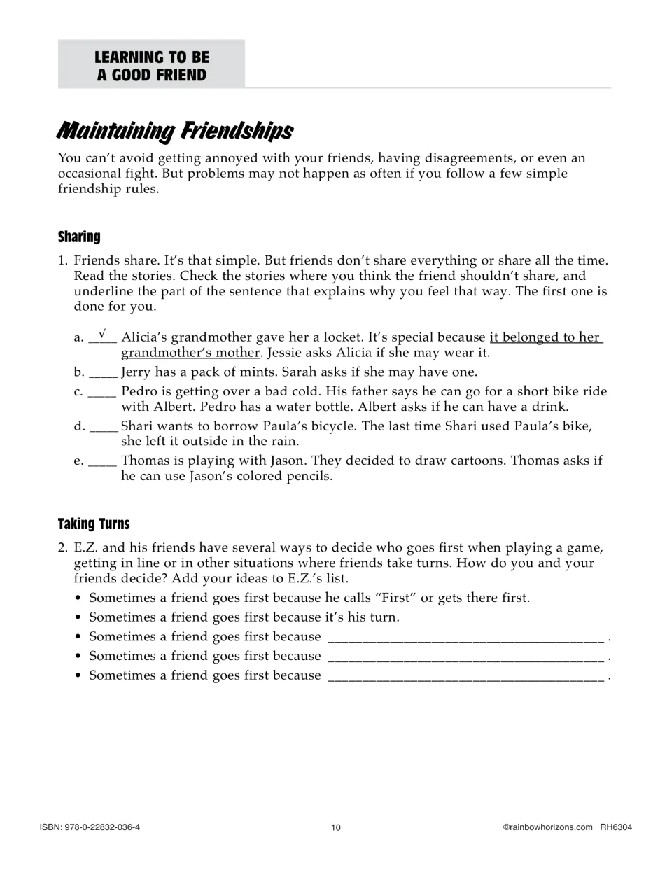 Maintaining Friendships lesson asks students to judge five sharing situations and suggest ways to take turns