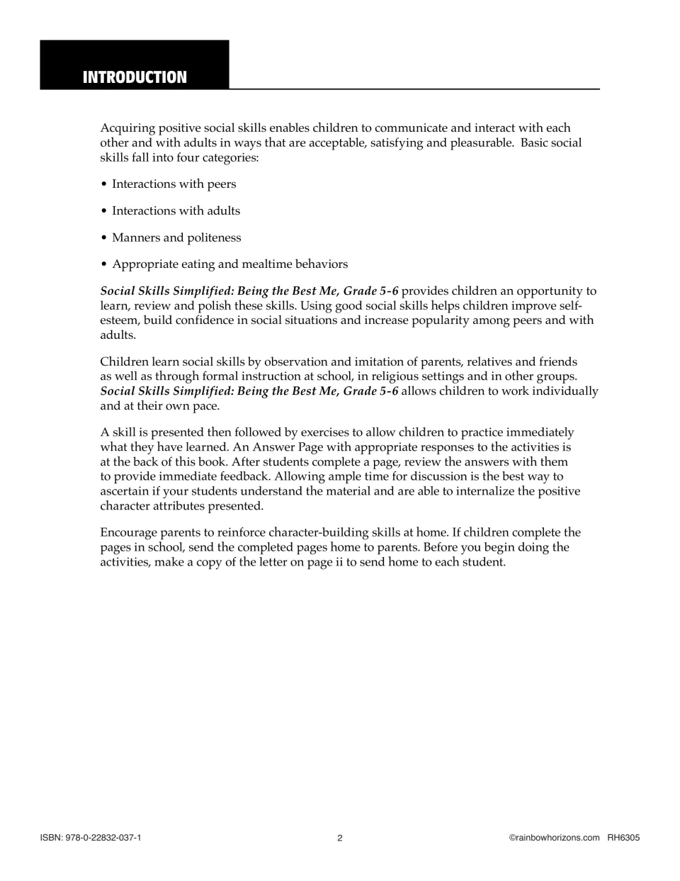 Teacher introduction explains four social skill categories, practice exercises, answer review, and parent support