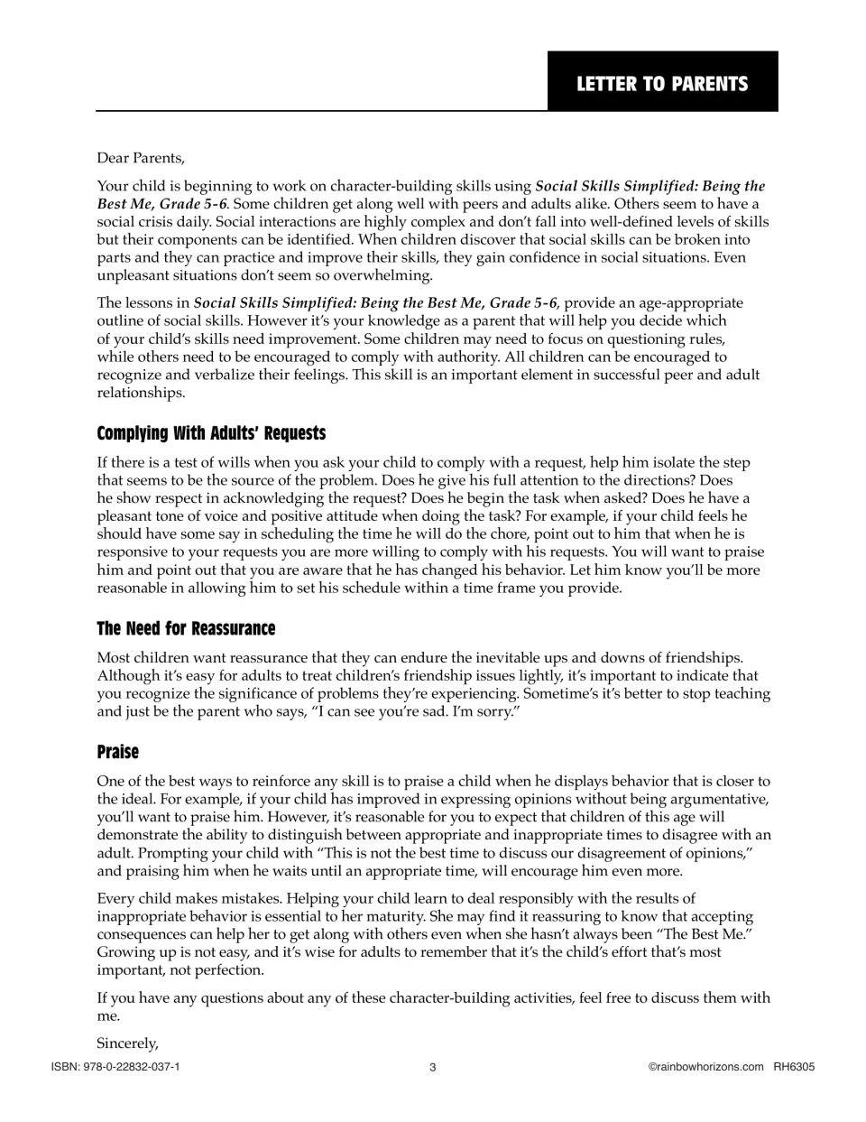 Parent letter explains social skills practice, responding to adult requests, reassurance, and praise