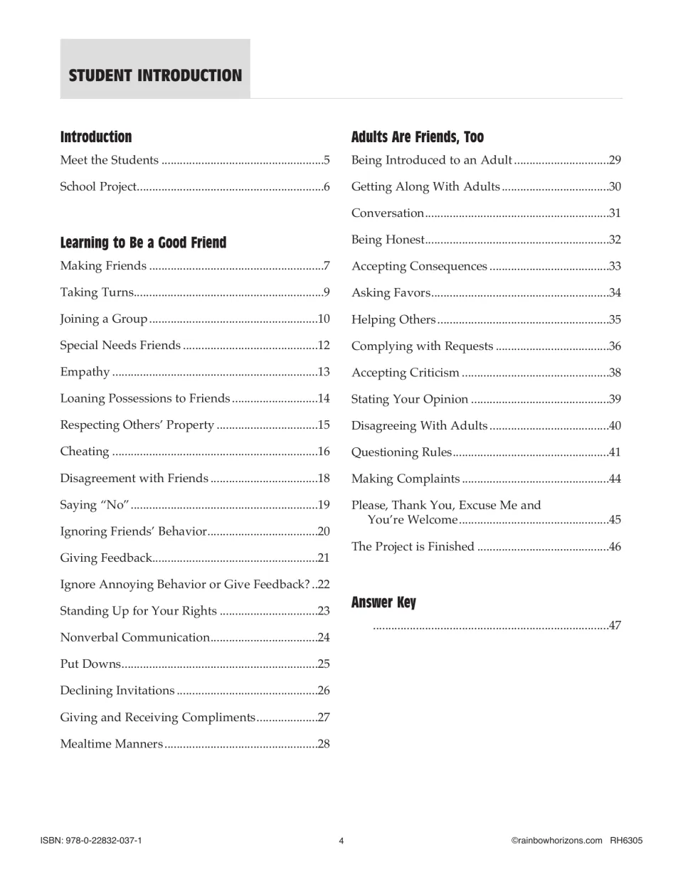Workbook contents lists friendship and adult interaction lessons, from Making Friends to an answer key