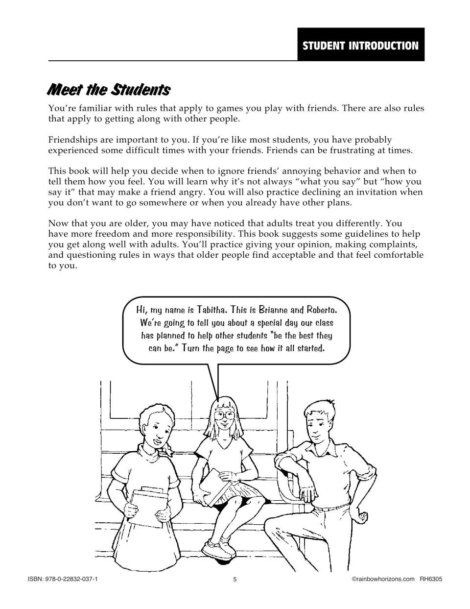 Meet the Students introduction explains friendship challenges and introduces Tabitha, Brianne, and Roberto