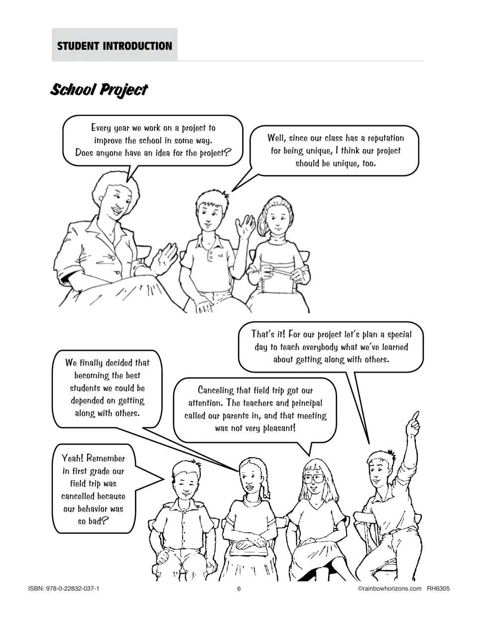 School Project story introduces a class plan for a special day to teach others how to get along