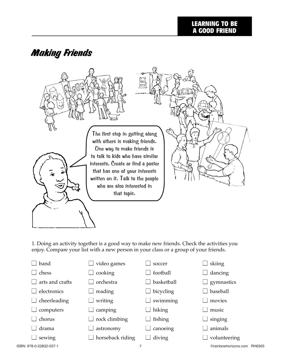 Making Friends lesson asks students to check activities they enjoy and compare interests with classmates