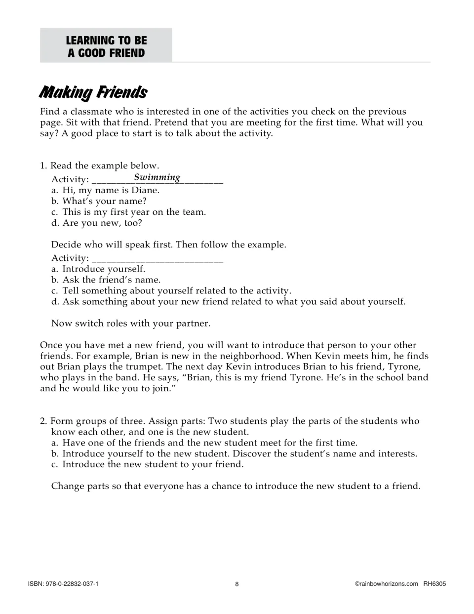 Making Friends practice guides partner introductions around shared interests and role-play in groups of three