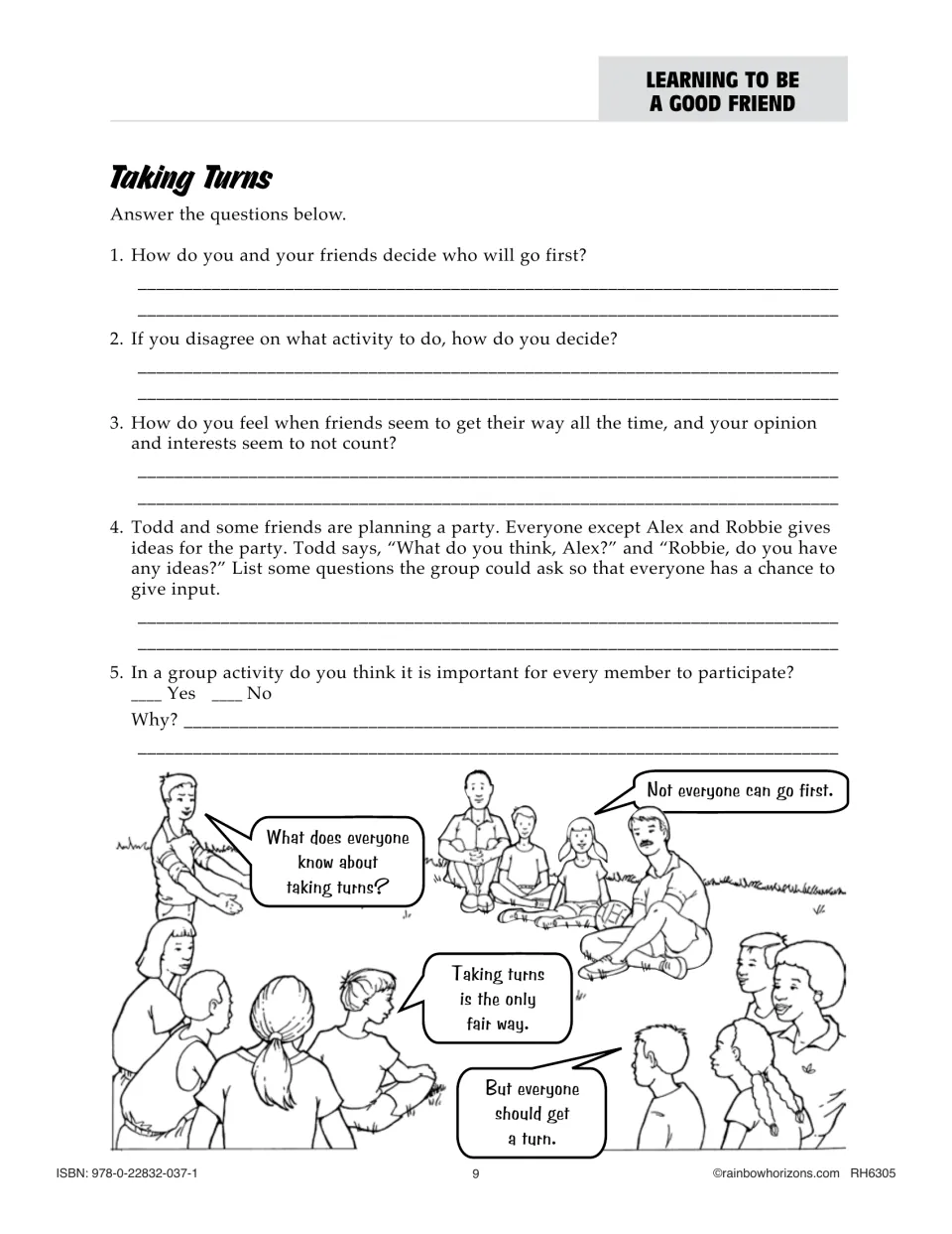 Taking Turns practice asks five questions about going first, choosing activities, and including everyone