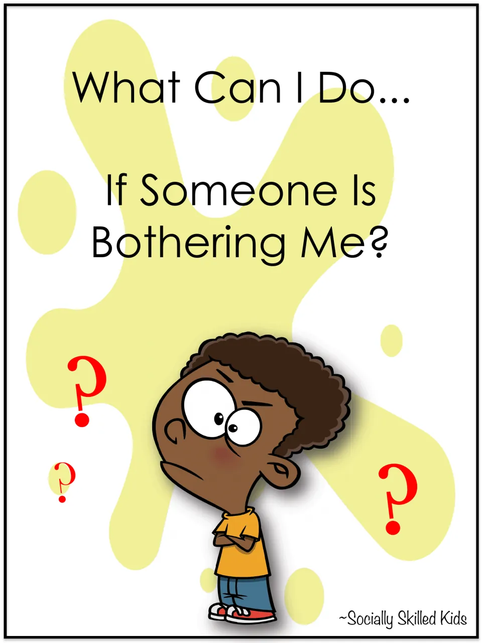 Alternate cover of the same social story, showing one frowning boy with crossed arms among red question marks