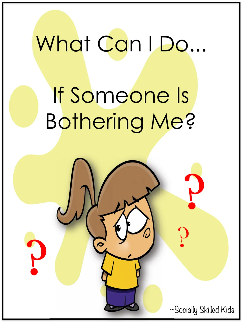 Alternate cover of the same social story, showing one worried girl with a ponytail among red question marks