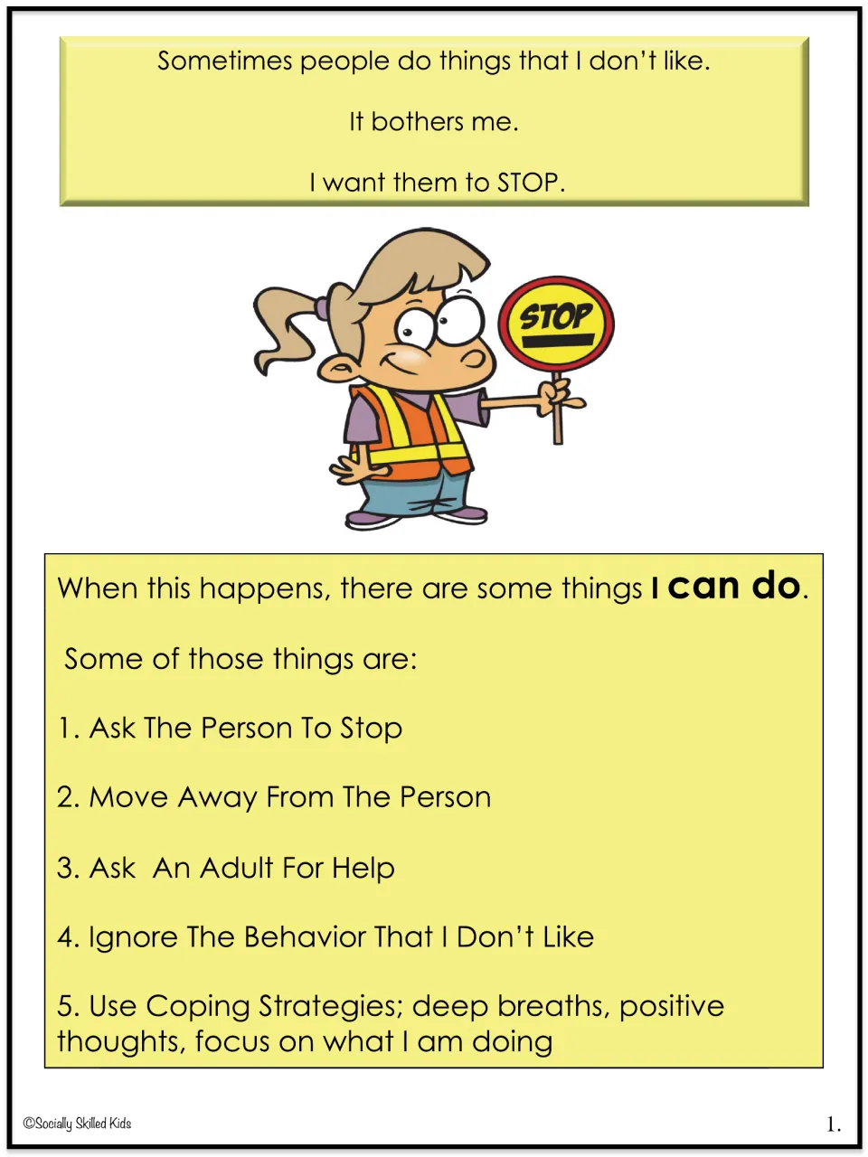 Story page 1, things I can do when bothered: ask them to stop, move away, ask an adult, ignore it or use coping strategies