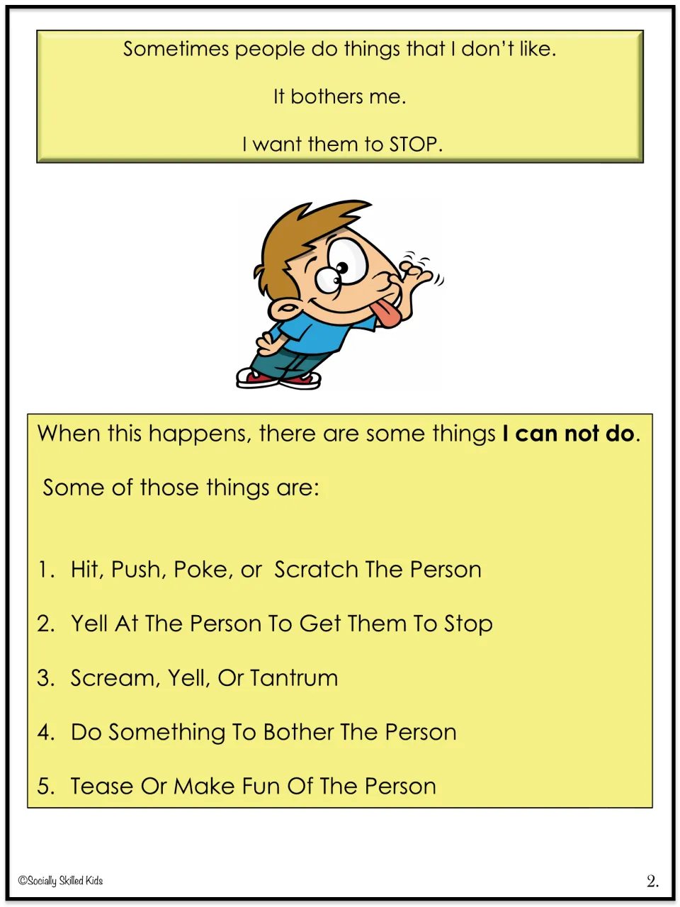 Story page 2: things I can not do when bothered, such as hitting, yelling, tantrums, bothering back or teasing the person