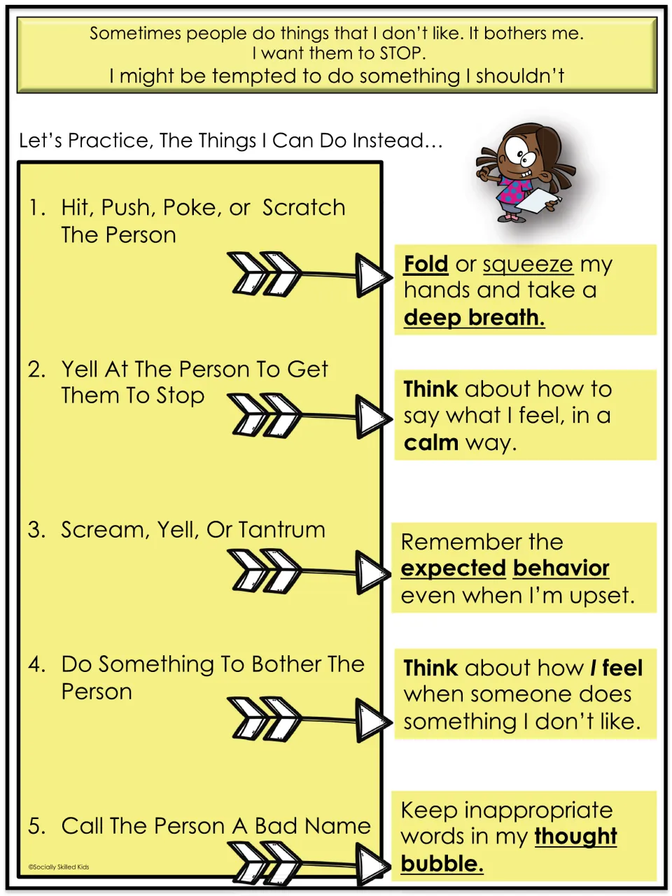 Things I can do instead: five tempting reactions, like hitting or name-calling, each paired with a calm replacement