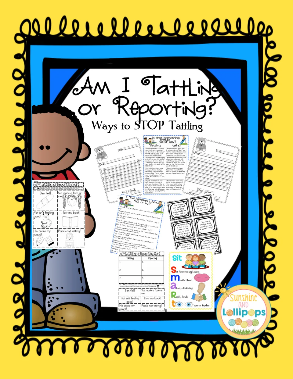 Cover of the tattling and reporting packet, subtitled 'Ways to STOP Tattling,' with samples of activities