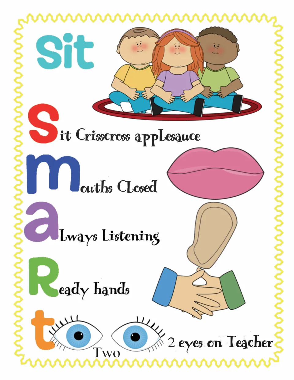 Sit Smart chart lists sitting crisscross, mouths closed, always listening, ready hands, and eyes on the teacher