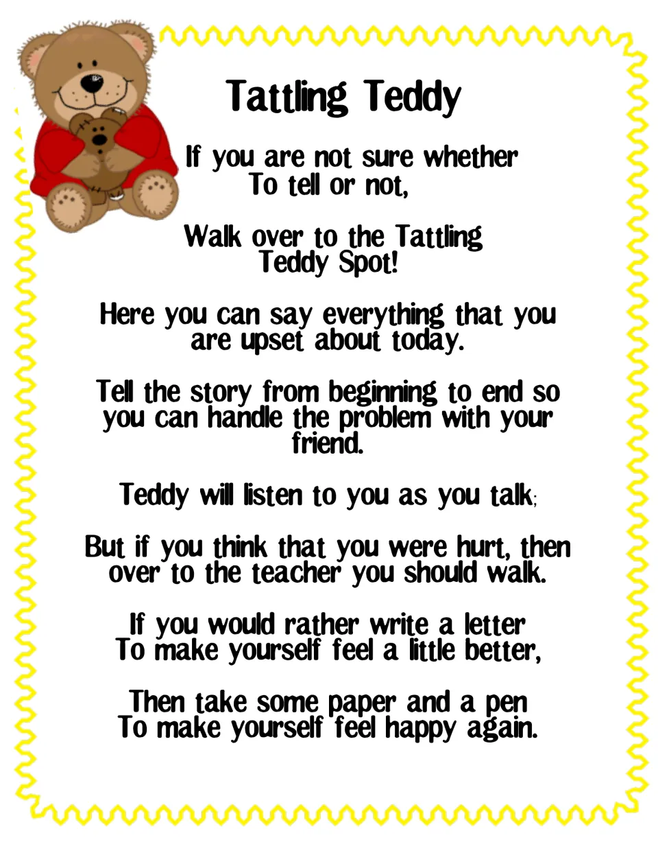 Tattling Teddy poem invites children to tell Teddy their problems, write a letter, or tell a teacher if hurt