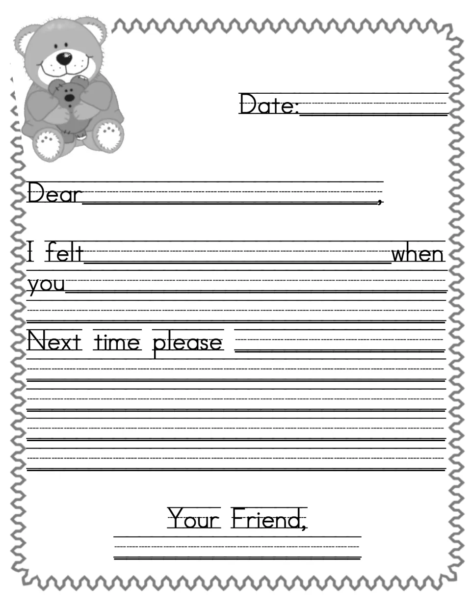 First guided feelings letter includes 'I felt ... when you ...' and 'Next time please,' ending 'Your Friend'