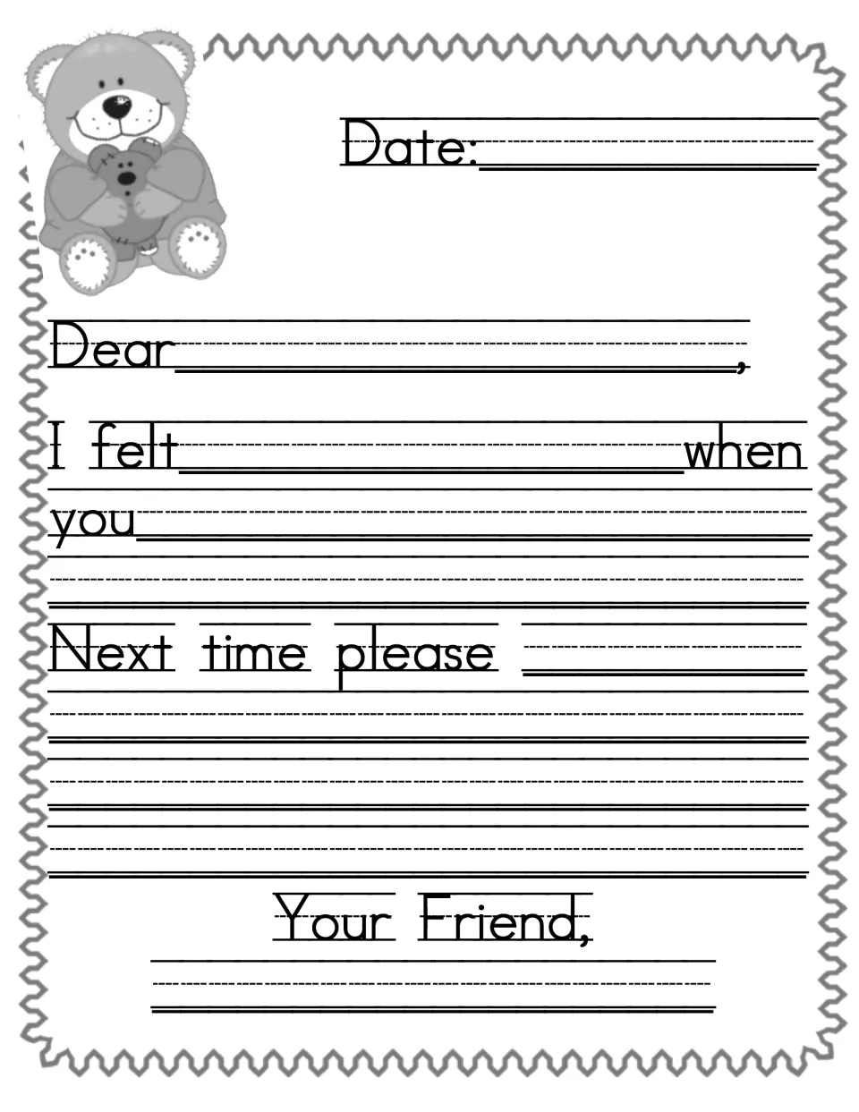 Second guided feelings letter repeats 'I felt ... when you ...' and 'Next time please' for a friend
