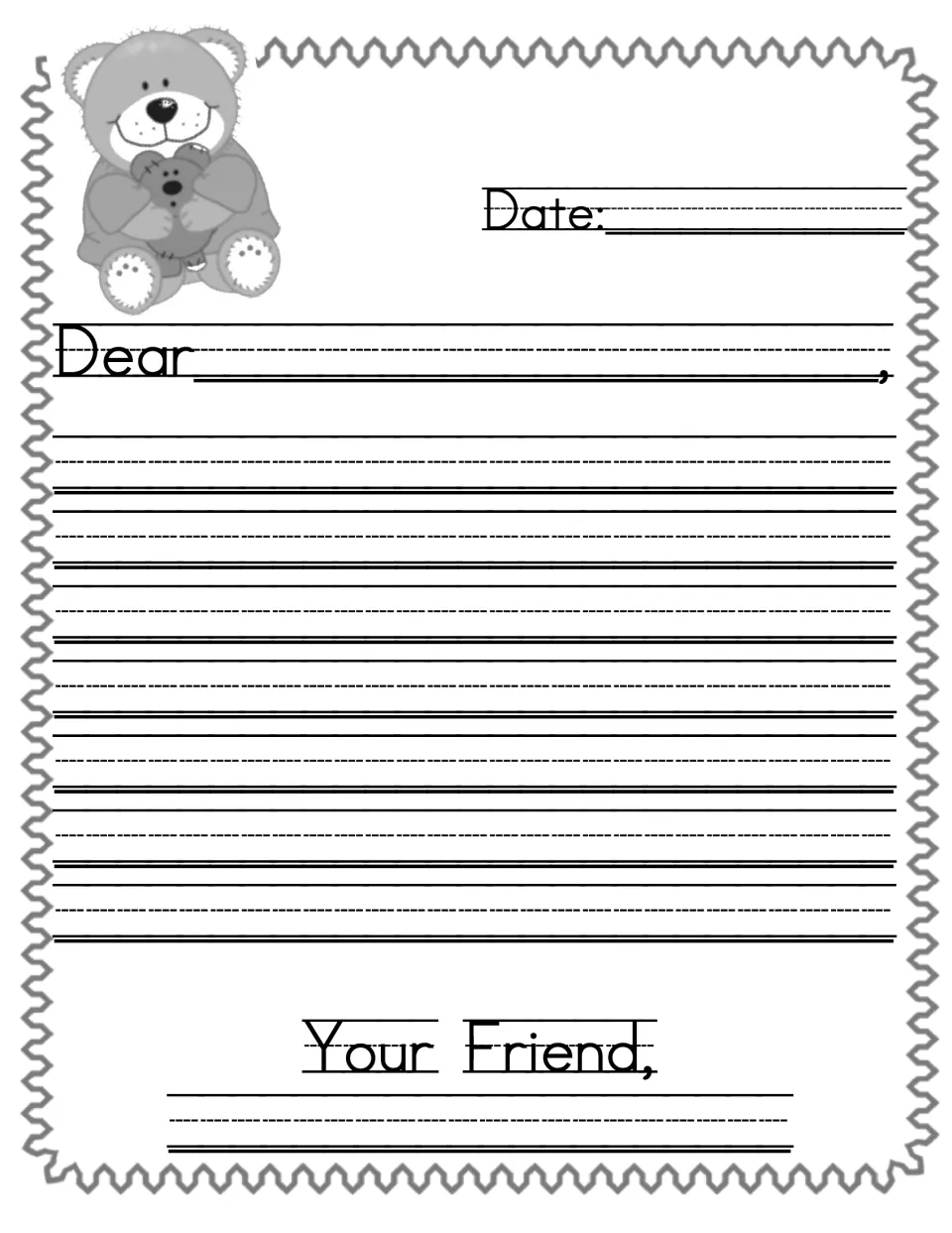 First open-ended friend letter template provides 'Date,' 'Dear,' and 'Your Friend' without sentence starters
