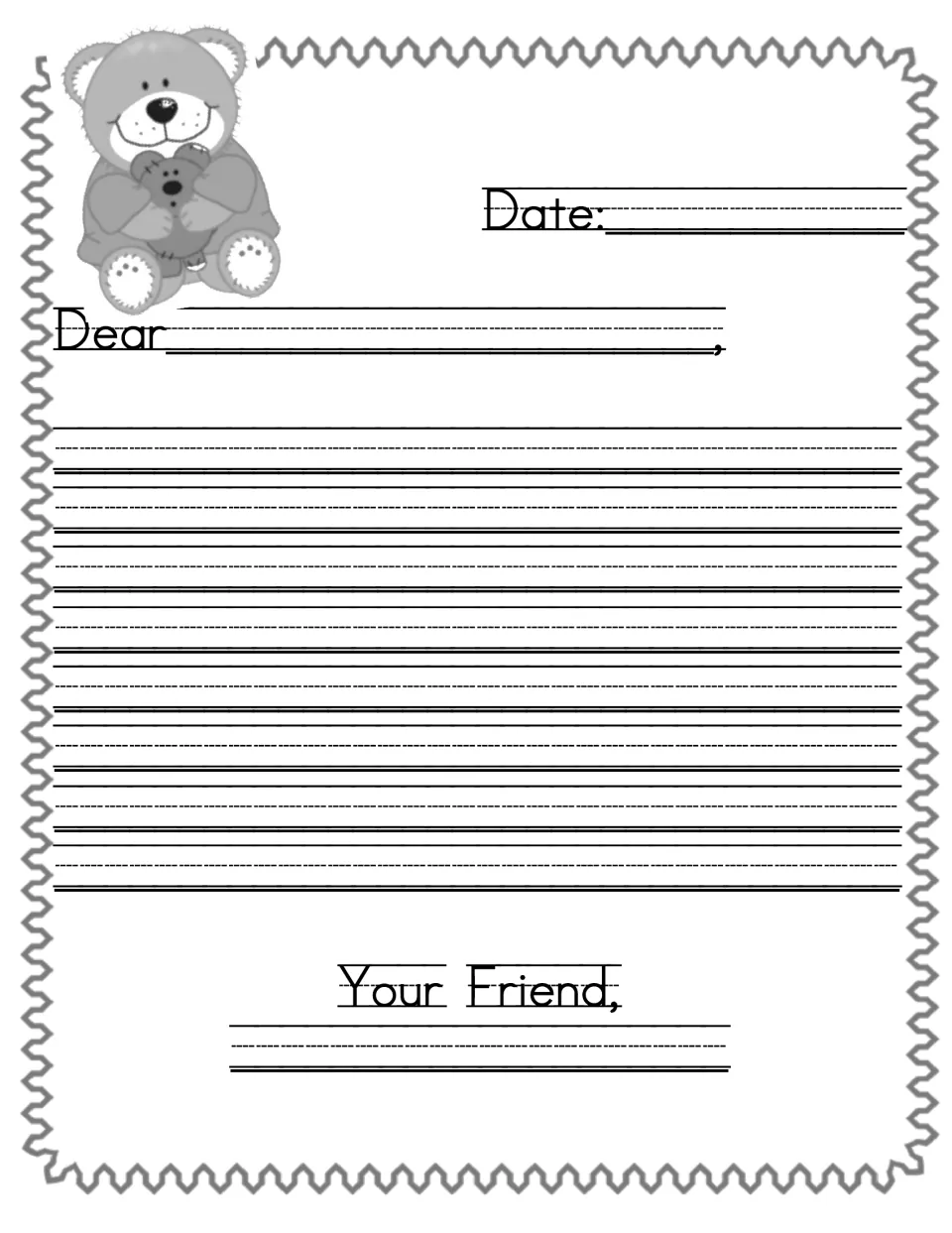 Second open-ended friend letter template includes 'Date,' 'Dear,' and 'Your Friend' for an unprompted message
